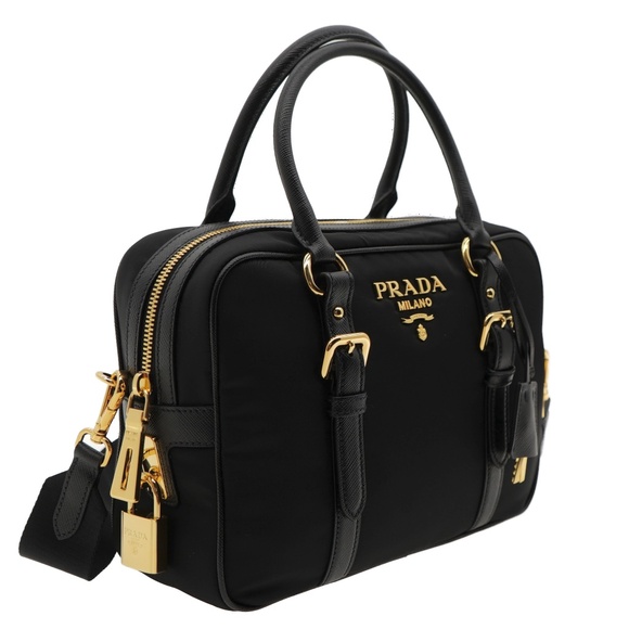 Prada Satchel Shoulder Bag Black Nylon & Saffiano Leather With Lock And Key New - Picture 1 of 9